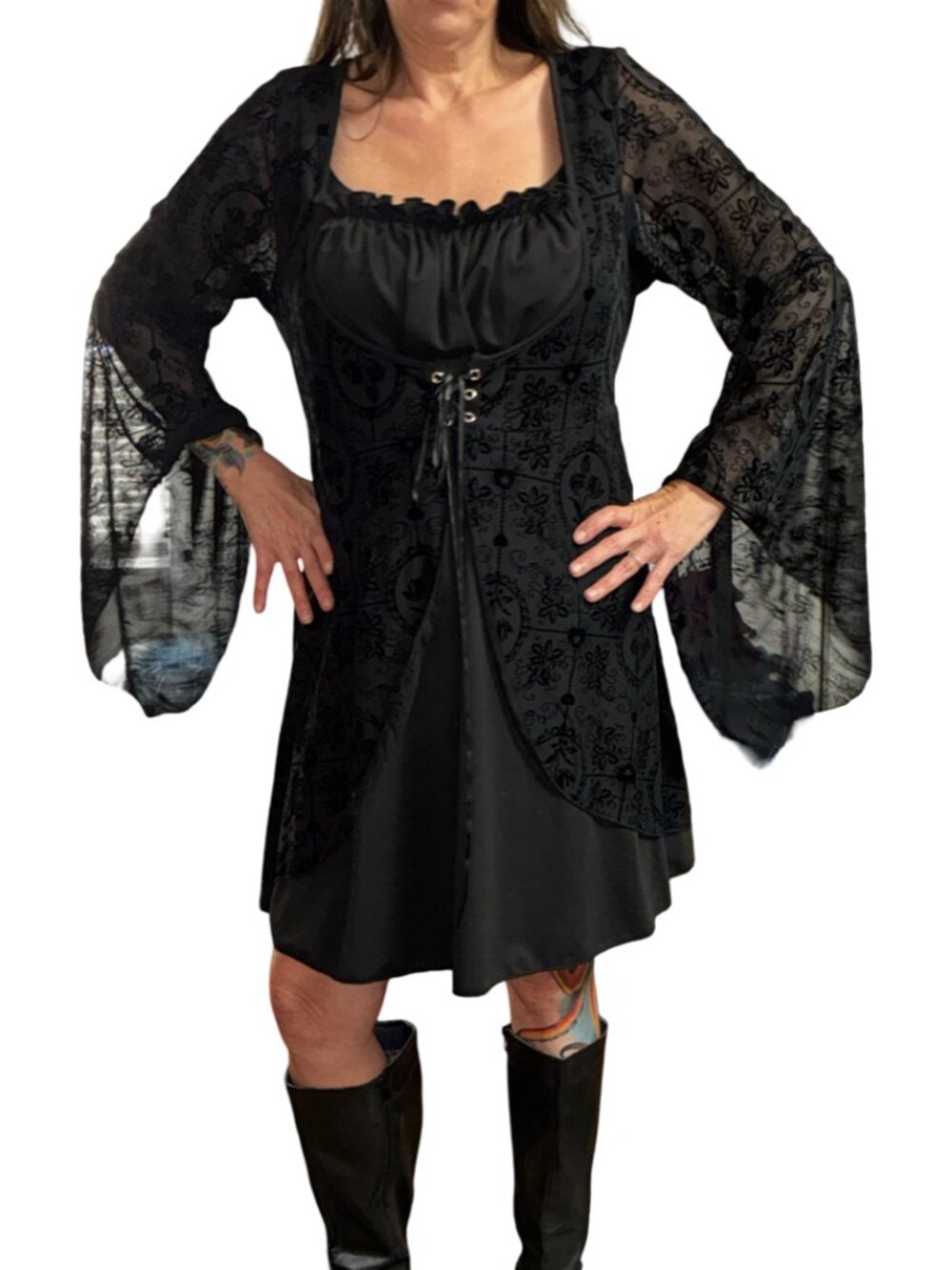 Sz.4X*ROMWE*Black Gothic Lacy Mesh Dress--Lace-Up Front--Lacy Long Bell Sleeves